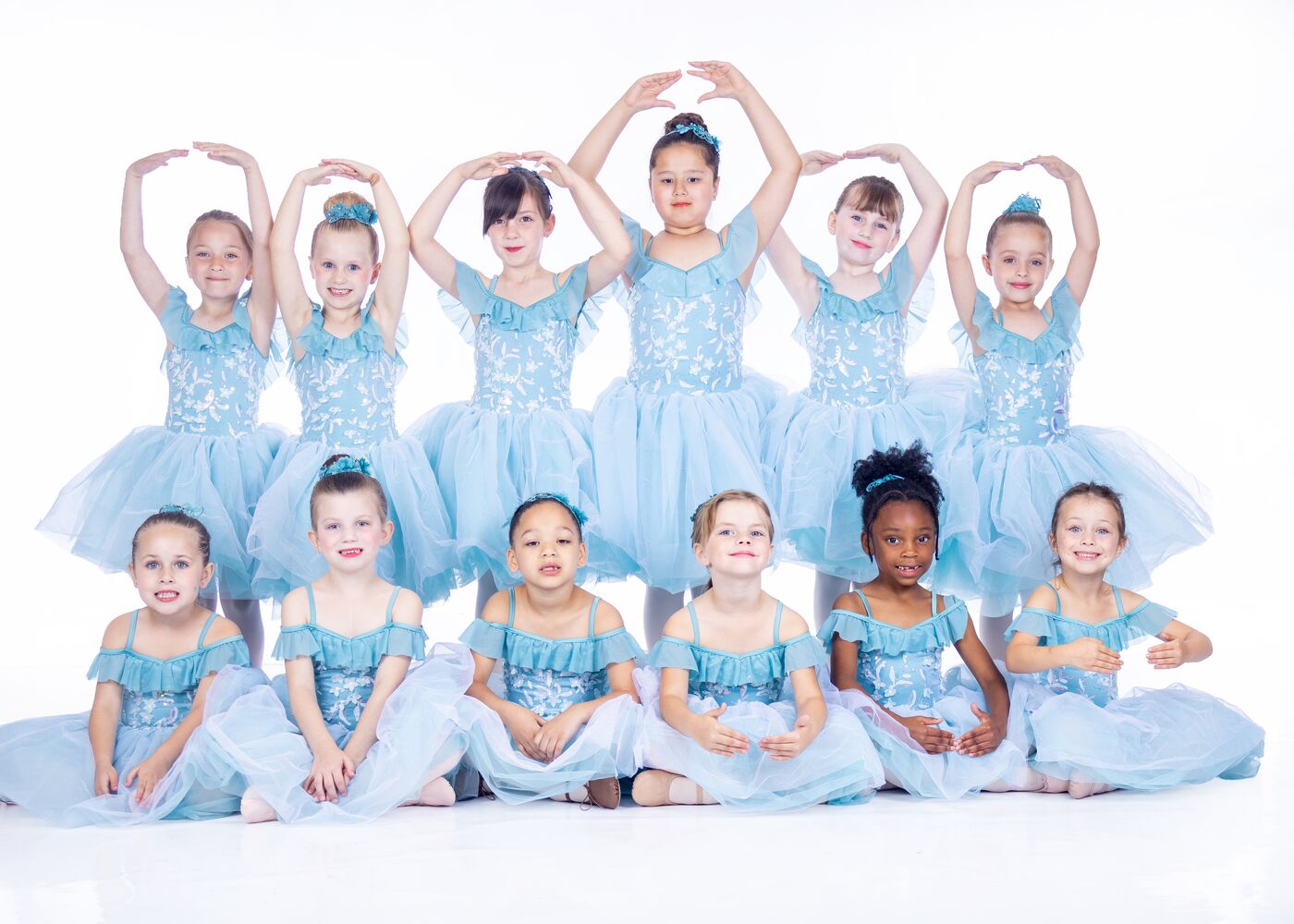 Young ballet dancers in light blue tutus posing in two rows